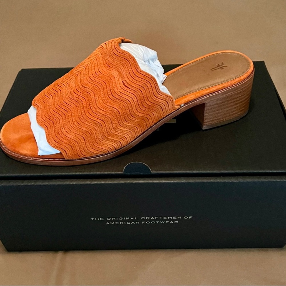 Frye orange suede block heel mule shoes